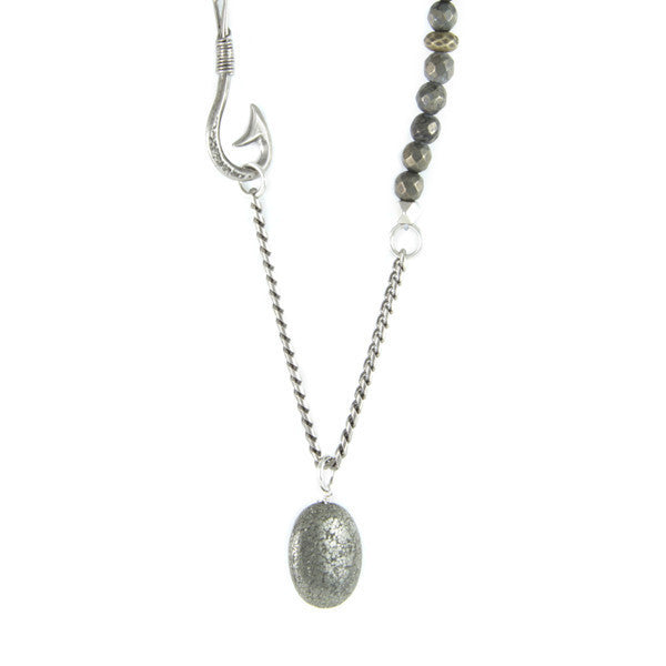 Silver Fisherman's Hook and Oval Pyrite Stone with Faceted Stone Beads Chain Necklace