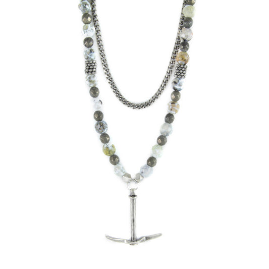 Silver Pick Charm and Faceted Glass Beads Chain Necklace