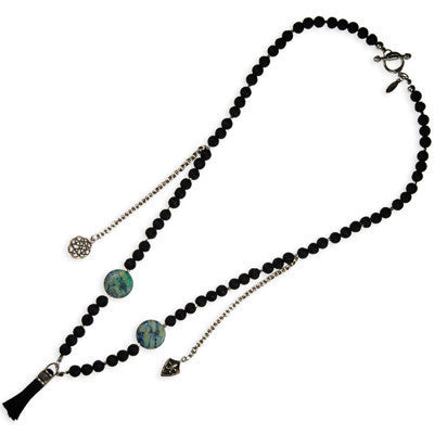 Rose Outline and Fleur De Lys Charm Lava Bead Necklace with Deerskin Leather Tassle and Turquoise Stones