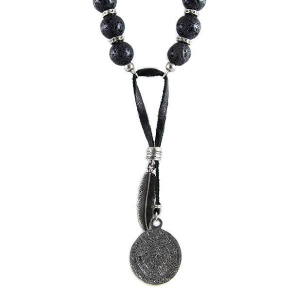Combination Lava Beads Donut Rings Necklace with Phaistos Coin and Feather Pendant Charm