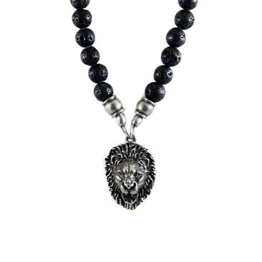 Jasper and Lava Bead Necklace with Small Collar Round Bead with Lion Head