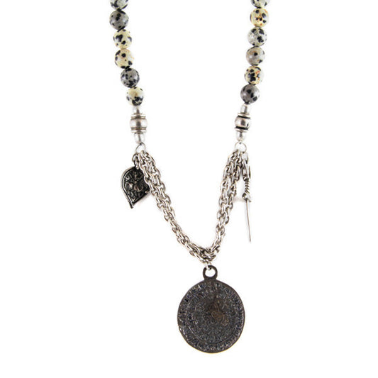 Dalmatian and Lava Bead Round Beads Necklace with Phaistos Coin, Shield, and Dagger Necklace