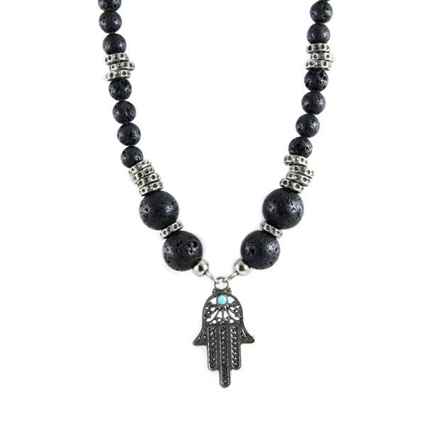 Lava Bead and Metal Donut Beads Men's Necklace with Lace Hamsa Charm