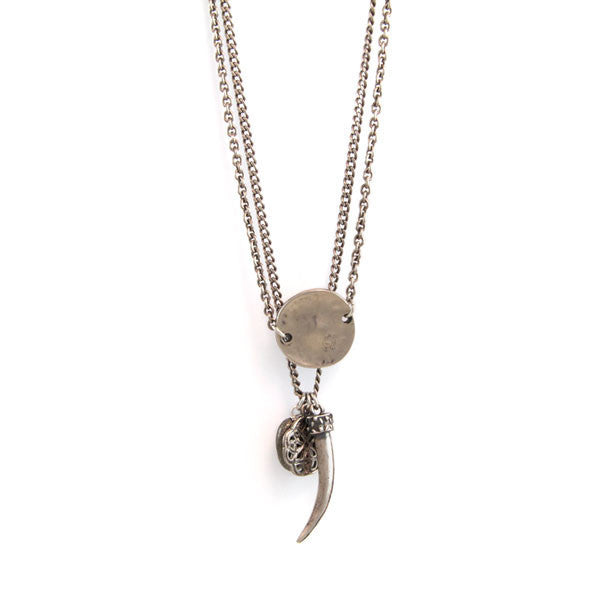 Italian Horn, Rose Pattern and Disc with Oval Pyrite Stone Disc Layered Chain Necklace