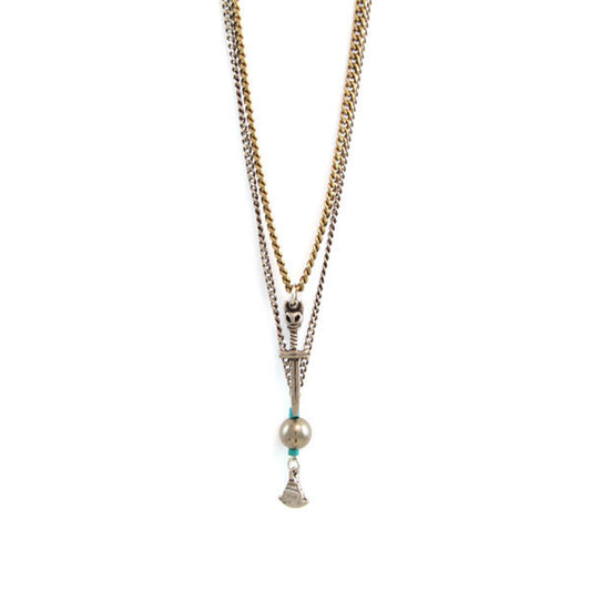 Skull Dagger and Round Pyrite Bead with Hishi Turquoise Accent Layered Chain Necklace