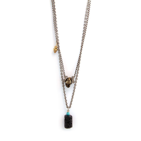 Small Skull Charm and Cylinder Lava Bead with Round Stone Layered Chain Necklace