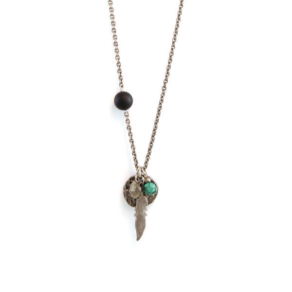 Turquoise Stone Nugget, Pyrite Faceted Bead, Feather and Marked Disc Charm Necklace