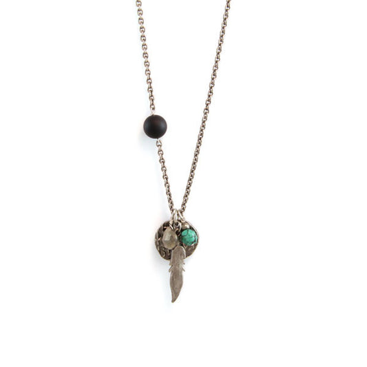 Turquoise Stone Nugget, Pyrite Faceted Bead, Feather and Marked Disc Charm Necklace