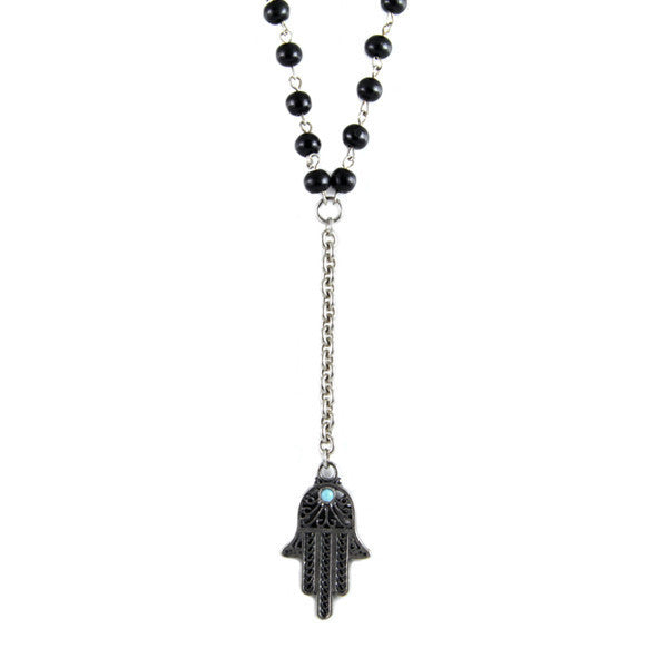 Rosary Beads and Chain Combination Necklace with Hamsa