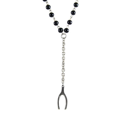 Rosary Beads and Chain Combination Necklace with Wishbone
