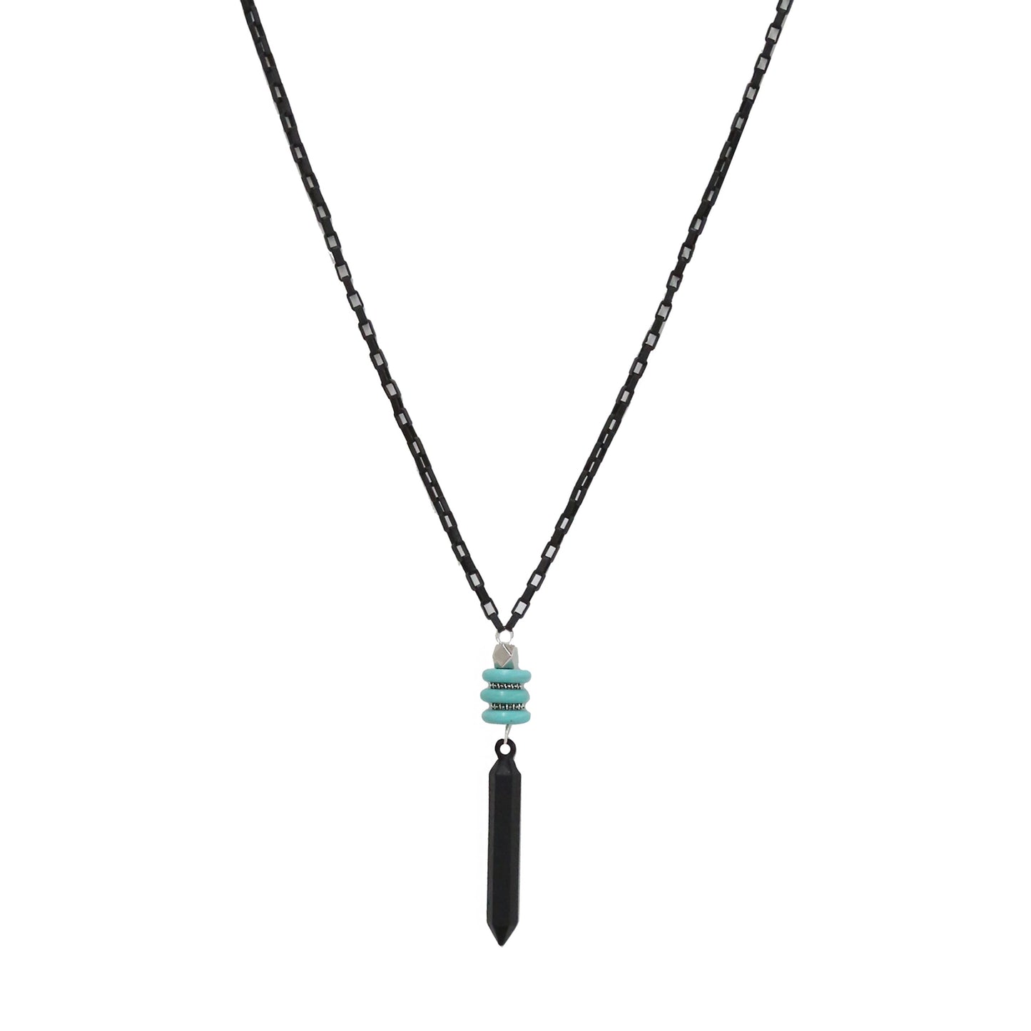 Black Chain Necklace with Turquoise Disc Beads and Black Pendant
