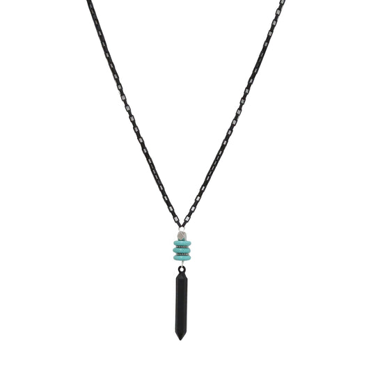 Black Chain Necklace with Turquoise Disc Beads and Black Pendant