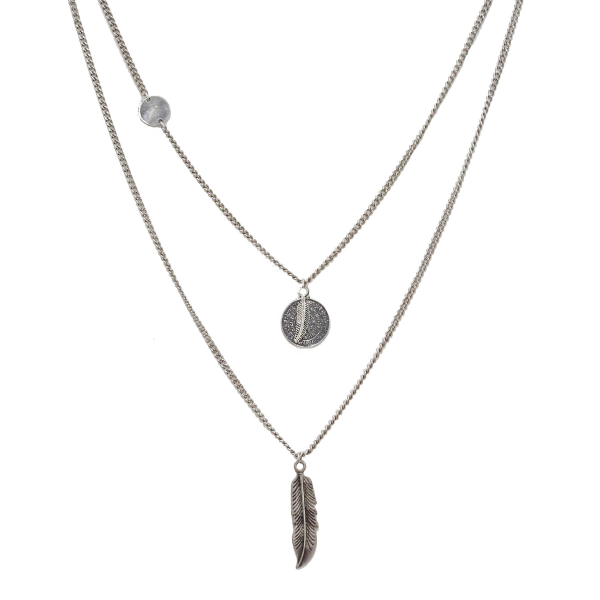 Ox Chain Layered Silver Ox Chain Necklace with Ancient Disc and Feather Charms ...
