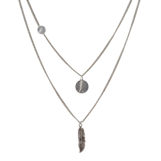 Layered Silver Ox Chain Necklace with Ancient Disc and Feather Charms
