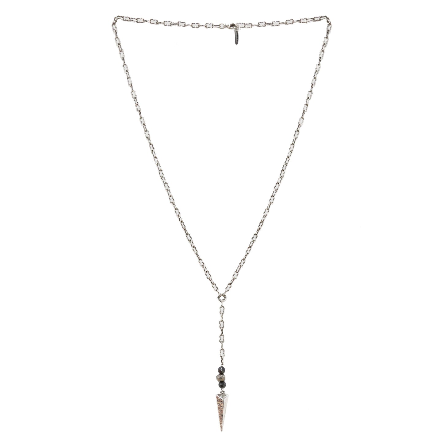 Silver Ox Chain Lariat Necklace with Hematite Beads and Silver Spike Charm