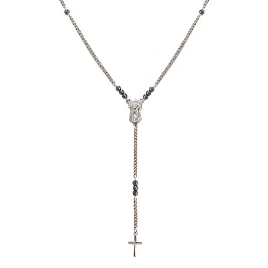 Silver Ox Chain Lariat Necklace with Hematite Stones and Religious Charms