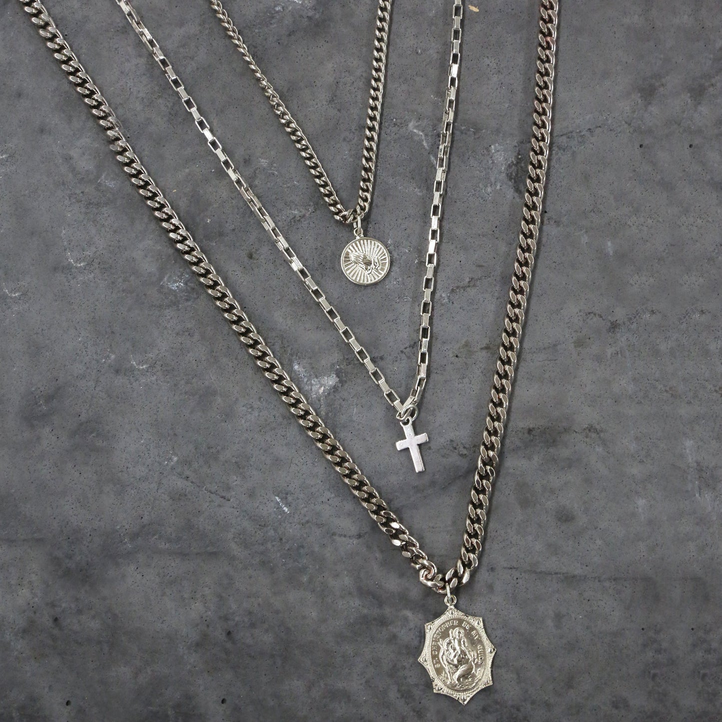 Triple Layered Antique Silver Necklace with Religious Symbol Pendants