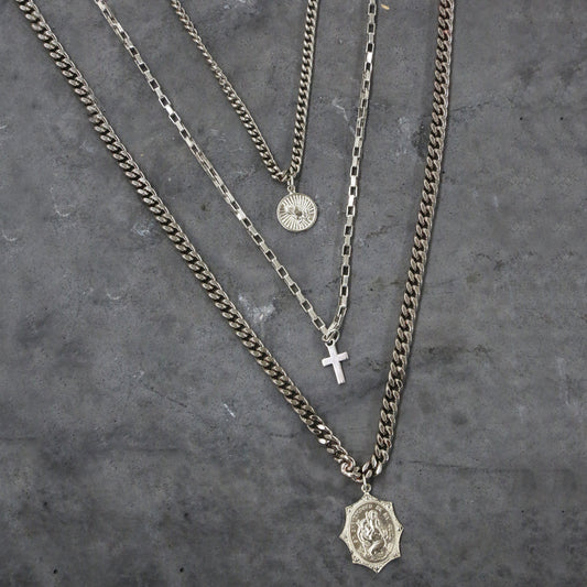 Triple Layered Antique Silver Necklace with Religious Symbol Pendants