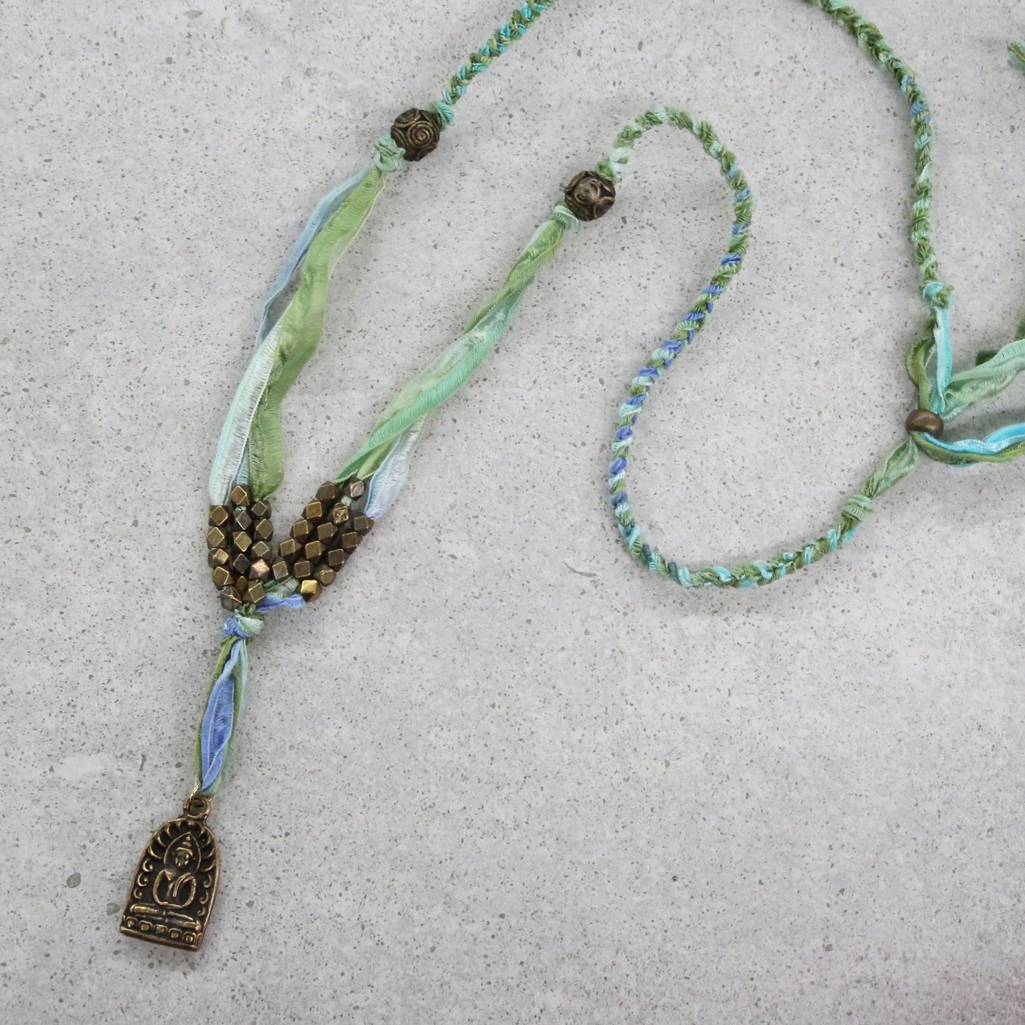 Tribal Fringe Necklace in Mix Green & Brass