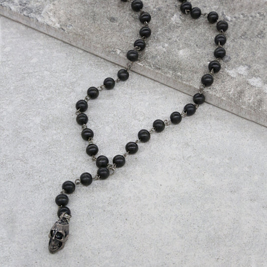 Onyx Lariat Beaded Necklace with Silver Ox Skull Pendant