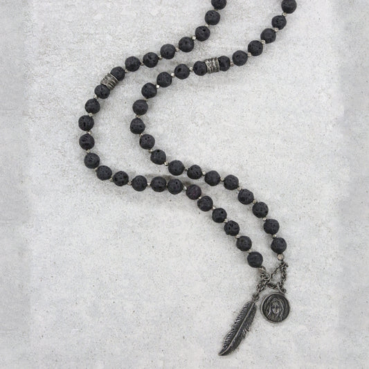 Lava Stone Rosary Necklace with Feather and Mary Pendant