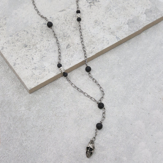 Silver Ox Chain Lariat with Lava Beads and Skull Charm