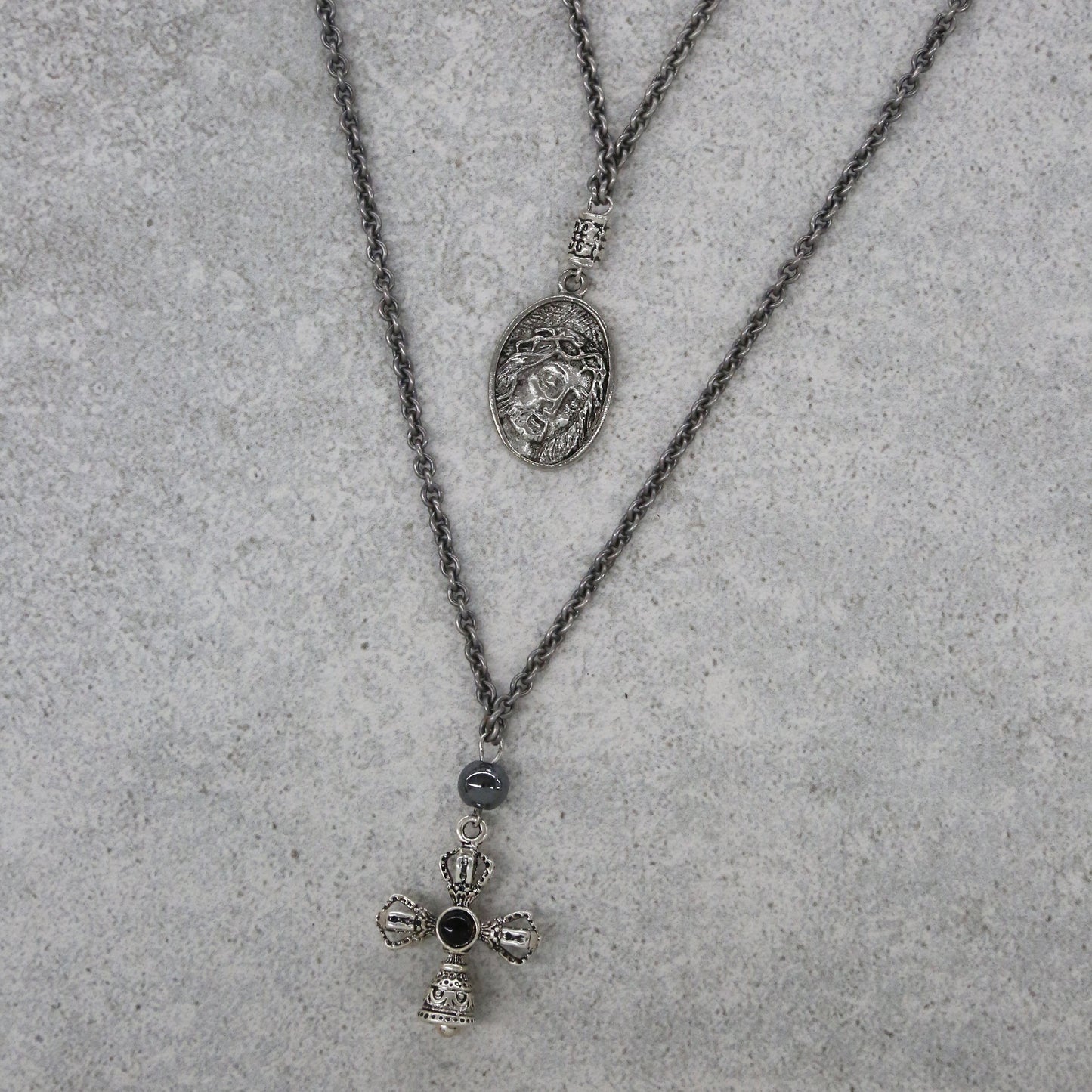 Cross and Holy Pendant Layered Necklace Set in Silver Ox