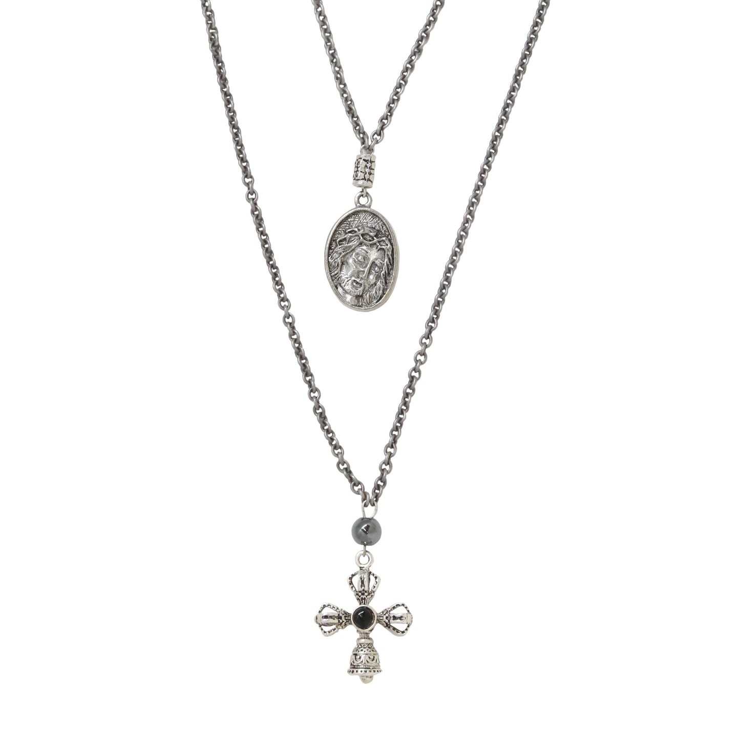 Cross and Holy Pendant Layered Necklace Set in Silver Ox