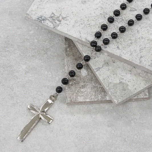 Cross Rosary Necklace in Black and Silver