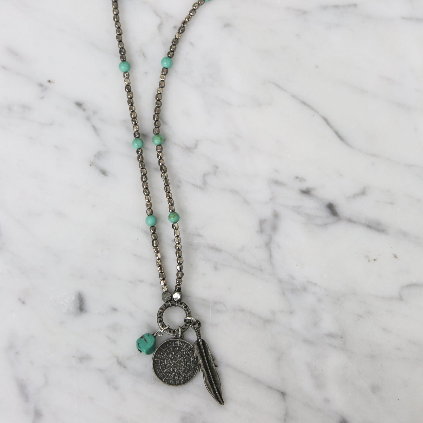 Silver Beaded Necklace with Turquoise Accents