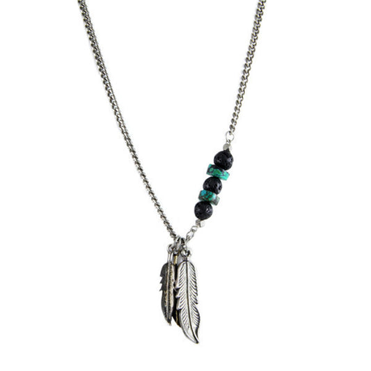 3 Piece Feather Charm Chain Necklace with Lava and Turquoise Bead Accent