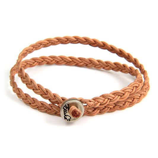 Tan Men's Leather Wrap Bracelet with Silver Button Closure