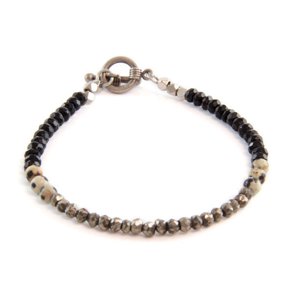Faceted Black Crystal with Two Clustered Round Dalmatian Semi Precious Stones with Mini Toggle Closure