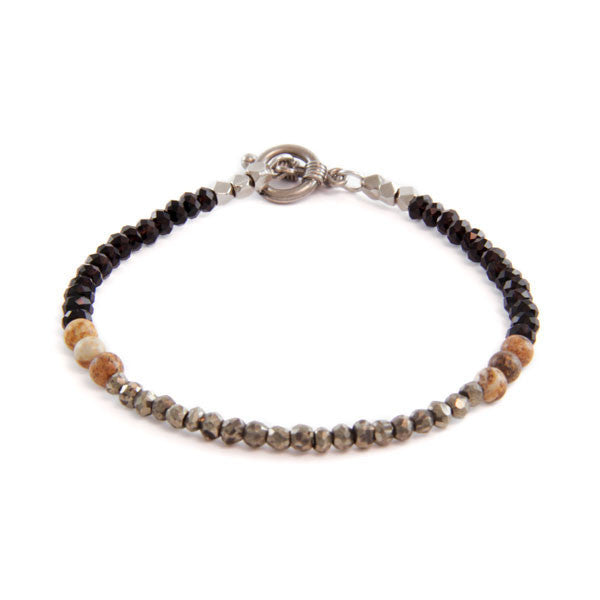 Faceted Black Crystal with Two Clustered Round Jasper Semi Precious Stones with Mini Toggle Closure