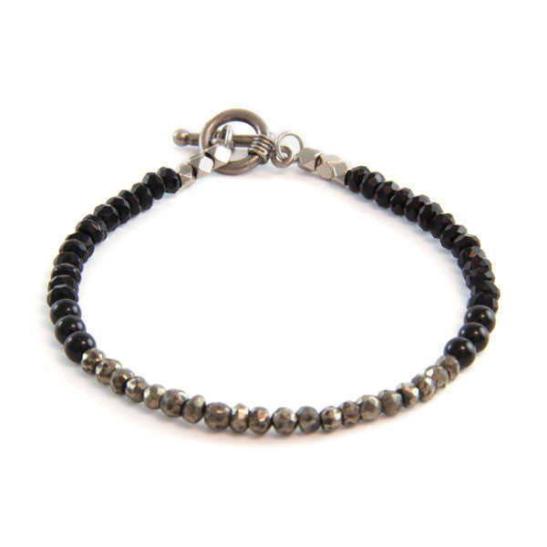 Faceted Black Crystal with Two Clustered Round Onyx Semi Precious Stones with Mini Toggle Closure