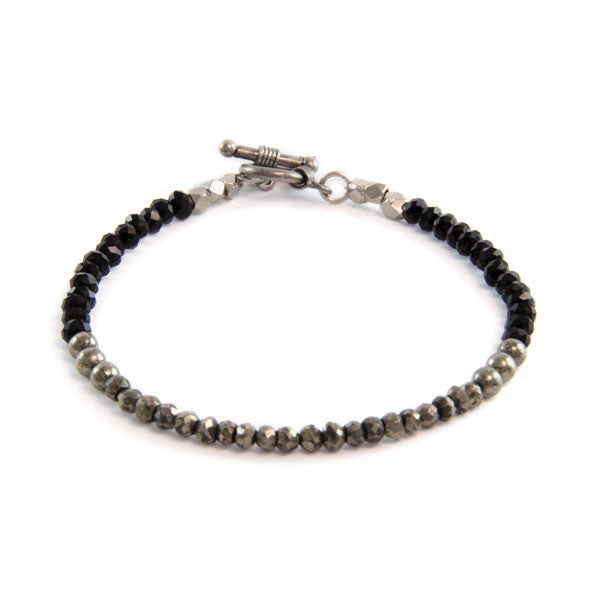Faceted Black Crystal with Two Clustered Round Pyrite Semi Precious Stones with Mini Toggle Closure