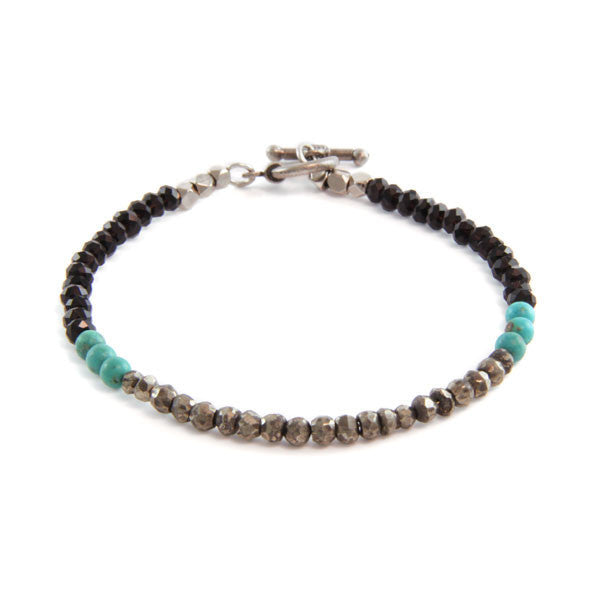 Faceted Black Crystal with Two Clustered Round Turquoise Semi Precious Stones with Mini Toggle Closure