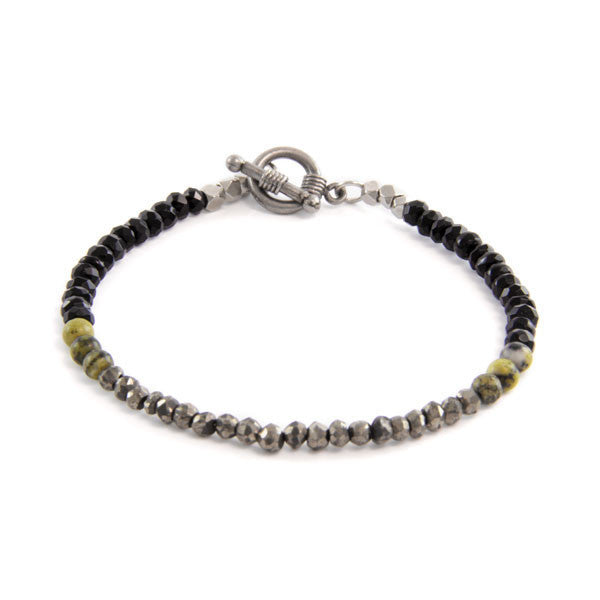 Faceted Black Crystal with Two Clustered Round Yellow Turquoise Semi Precious Stones with Mini Toggle Closure