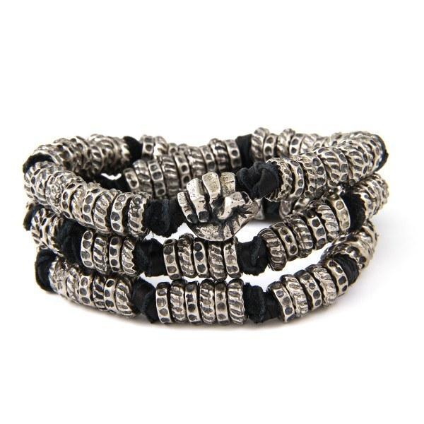 Mens Bracelet - Black Leather And Silver Colored Donut Beads Wrap Around Bracelet