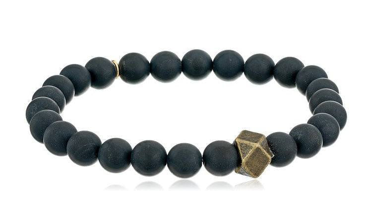 Mens Bracelet - Onyx Stretch Bracelet With Large Brass Cornerless Bead, 3"