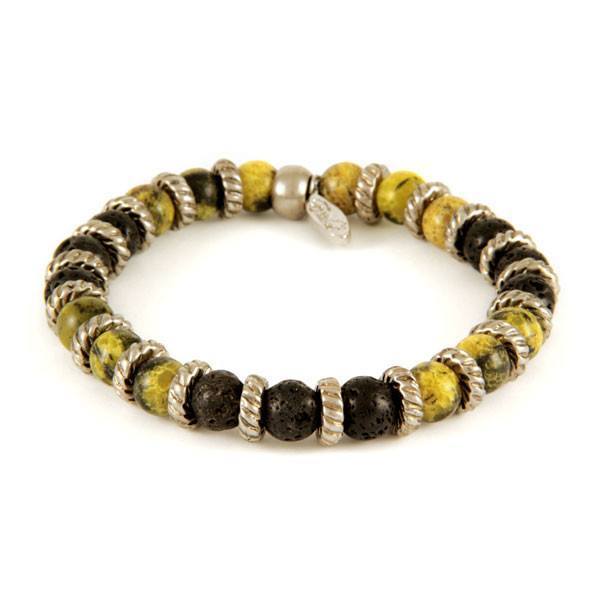 Mens Bracelet - Yellow Turquoise And Lava Bead Stretch Bracelet In Silver